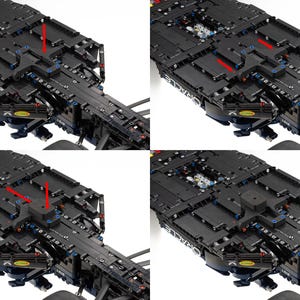 Puede incluir: Cuatro im&aacute;genes que muestran diferentes &aacute;ngulos de un chasis de coche de carreras de F&oacute;rmula 1 Lego negro. El chasis est&aacute; hecho de ladrillos Lego y tiene un esquema de colores negro y azul. El chasis est&aacute; dise&ntilde;ado para ser utilizado con otras piezas de Lego para construir un coche de carreras completo.