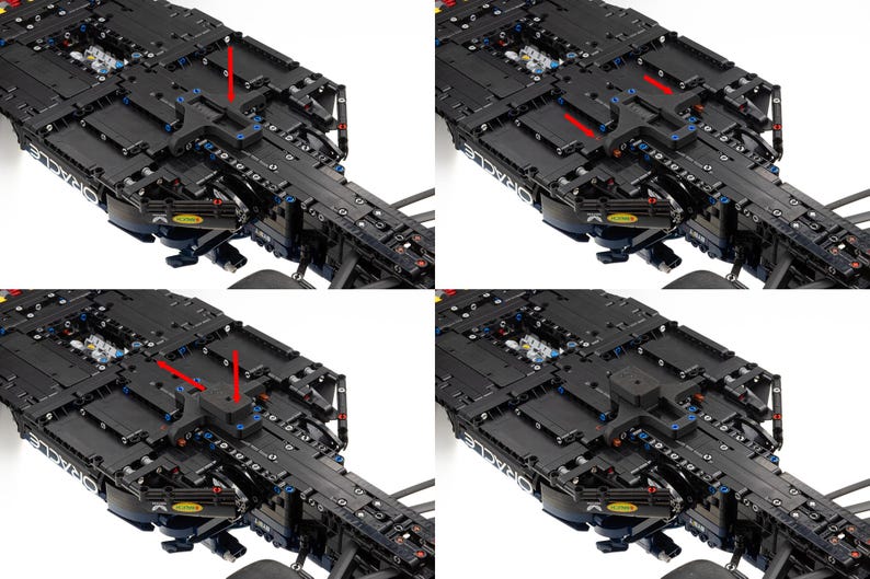 Puede incluir: Cuatro im&aacute;genes que muestran diferentes &aacute;ngulos de un chasis de coche de carreras de F&oacute;rmula 1 Lego negro. El chasis est&aacute; hecho de ladrillos Lego y tiene un esquema de colores negro y azul. El chasis est&aacute; dise&ntilde;ado para ser utilizado con otras piezas de Lego para construir un coche de carreras completo.