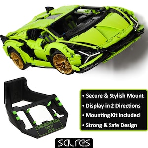 Könnte beinhalten: Ein grünes LEGO-Modell eines Lamborghini Sian mit schwarzen Akzenten und einem schwarzen Displayständer. Der Ständer hat ein grünes Etikett mit dem Text "Lamborghini Sian FKP 37 42115".