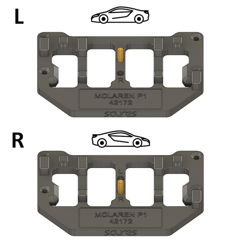 May include: A black plastic model car stand with a gold pin in the center. The stand has two rectangular openings and the text "MCLAREN P1 42172 SCURES" printed on the bottom. A white outline of a McLaren P1 car is shown above the stand.