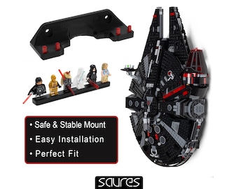 May include: Black wall mount for a Lego Millennium Falcon model, with a black base for minifigures. The mount has red pegs. A black base holds six Lego minifigures. The text on the image says "Safe & Stable Mount", "Easy Installation", and "Perfect Fit".