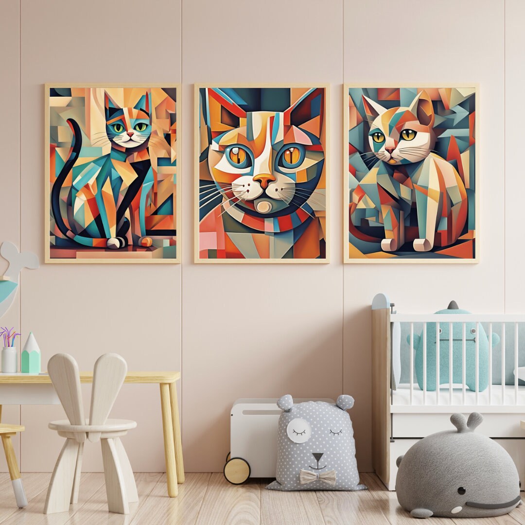 SET OF THREE Printable Nursery Art, Cute Cats, Origami Nursery Wall Print, Animal Nursery Wall ...