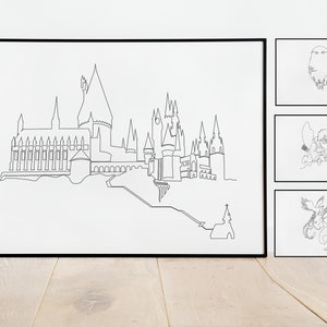 Könnte beinhalten: Ein Set aus drei Schwarzweiß-Linienkunstdrucken mit Harry-Potter-Motiven. Der erste Druck zeigt Hogwarts, der zweite Druck zeigt Hedwig die Eule und der dritte Druck zeigt Harry Potter auf einem Besen.
