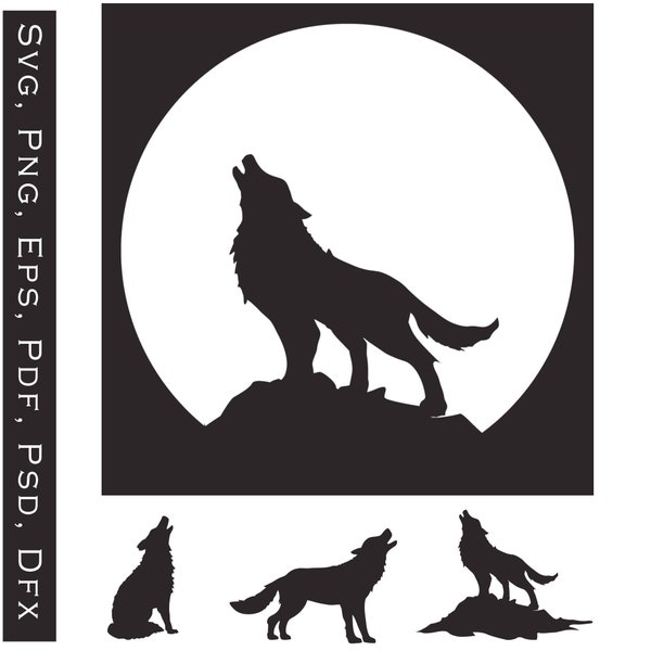 Wolf Howling Moon Png, Wolf Howling svg,  Wolf Howling Silhouette, Wolf Clip Art, Wolves svg, Wolf Silhouette, Crescent Moon wolf svg,