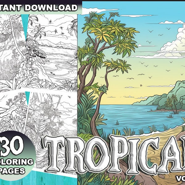 Tropical Coloring Book Vol 1, 30 Pages, Tropical Islands Landscape Coloring Pages, Instant PDF Download, Grayscale Illustrations, Ocean