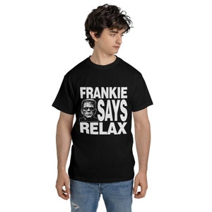 Frankie säger avslappning T-shirt: 80-tals retro unisex t-shirt, Frankensteins monster, Frankenstein, rolig, humor, Frankie går till Hollywood bild 4