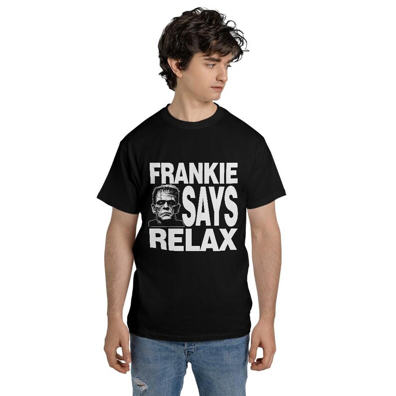 Frankie säger avslappning T-shirt: 80-tals retro unisex t-shirt, Frankensteins monster, Frankenstein, rolig, humor, Frankie går till Hollywood bild 4