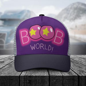 Boob World-keps – Retro Sci-Fi-keps i temapark – Rolig Morty-keps i vuxen tecknad stil – Konstig Rick-komedipresent – Truckerkeps