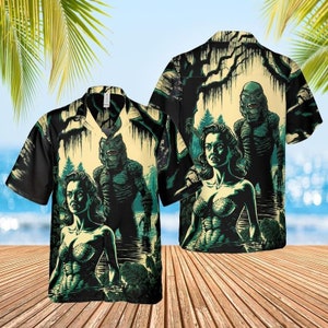 Hawaiiaans shirt Creature from the Black Lagoon | Horrorfilmknop ingedrukt | Nieuw zomershirt heren | Monstercadeau | Cryptid-strandkleding