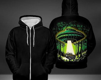 UFO Entführung Zip-Hoodie: Minimalistisches Alien Raumschiff Design