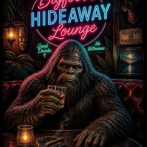 Puede incluir: Impresión artística digital de Bigfoot en un salón con poca luz, sosteniendo un vaso de whisky. El letrero de neón dice "Bigfoot's Hideaway Lounge". Una vela encendida y un cenicero con un cigarro están sobre la mesa. El letrero también dice "Good Drinks" y "No Witnesses".