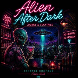 May include: Illustration of an alien bar scene with neon signs reading "Alien After Dark Lounge & Cocktails." An alien sips a cocktail. A UFO beams light over a city. The sign says "No Humans No Problem."