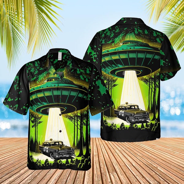Murder Brand Alien Ship Hawaiian Shirt, Button Down, Unisex, Gothic, Skateboard, Surfer, Horror, Goth, Spaceship, UFO, Mens, Womens