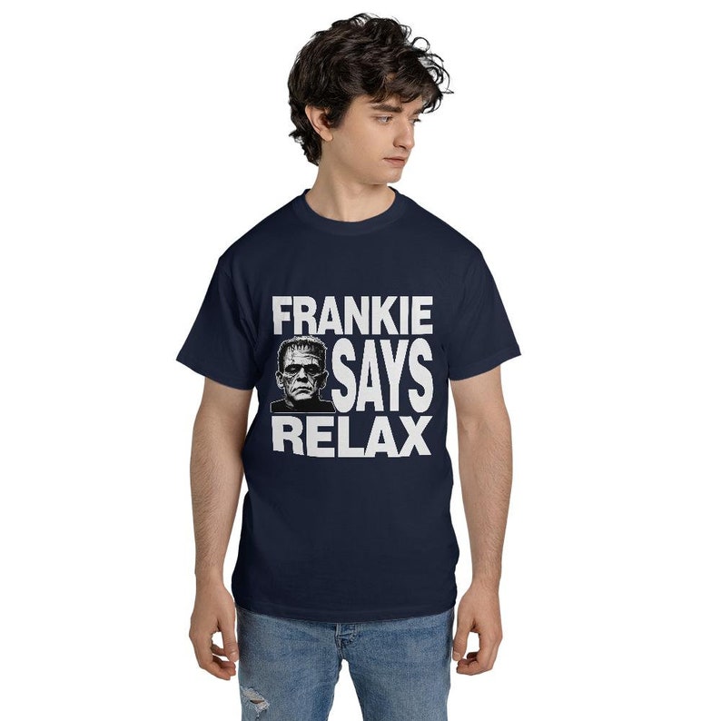 Frankie säger avslappning T-shirt: 80-tals retro unisex t-shirt, Frankensteins monster, Frankenstein, rolig, humor, Frankie går till Hollywood bild 5
