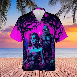 Camisa hawaiana Synthwave Monster – Camisa de botones estilo película de terror neón – Camisa playera retro de criaturas de pantano de los 80 – Regalo de Halloween Vaporwave
