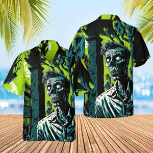 Halloween Zombie Hawaiian Shirt | Unisex Undead Print Button Up Shirt | Unique Beachwear for Halloween Parties Horror Fans, and Summer Fun