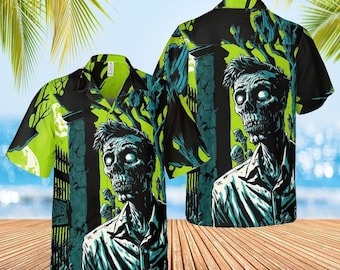 Zombie Hawaiian Shirt: Unisex Halloween Undead Print Button-Up