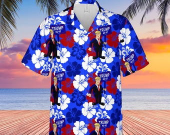 Trump Tropical Hawaiian Shirt 2024 – Funny Political Shirt – Patriotic Vacation Button Up – Trump Supporter Gift Blue