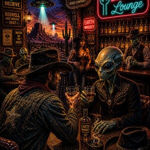 Puede incluir: Ilustración de una escena de bar con vaqueros y extraterrestres. El bar se llama "Desert Encounter Lounge" y tiene letreros de neón. La imagen incluye el texto "I WANT TO BELIEVE" y "EARTH WHISKEY".