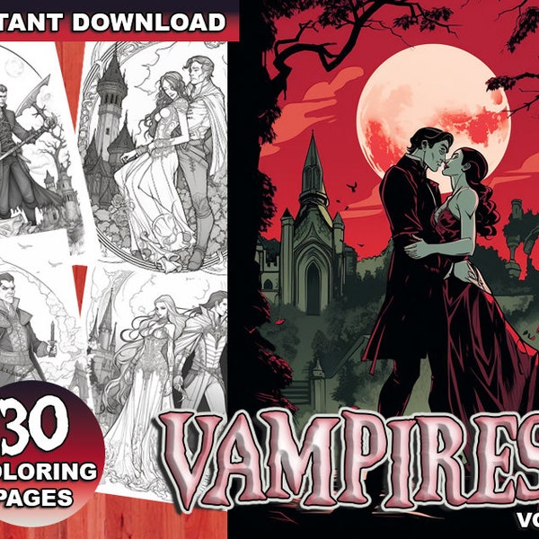 Vampires Coloring Book Vol 1, 30 Seductive Vampire Pages for Adults, Instant PDF Download, Grayscale Illustrations