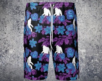 Mens Bigfoot Sasquatch Black and Purple Jersey Shorts, Yeti, Board, Lounge, Surfer, Skateboard, Tropical