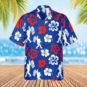 Bigfoot Hawaiian Shirt: Patriotic Sasquatch, American Flag Beachwear