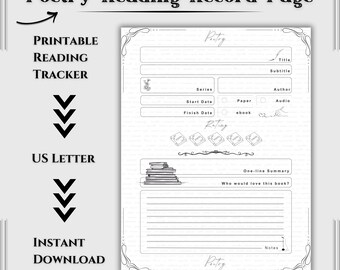 Poetry Single Page Reading Tracker Printable – Book Log Sheet | Review Template | Digital Download