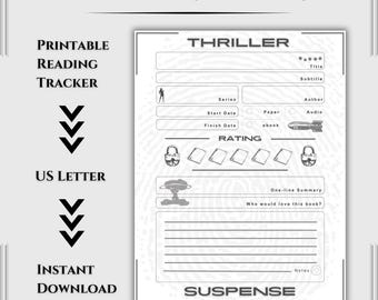 Thriller Single Page Reading Record – Printable Book Log Template | Literature Review Sheet | Digital Download