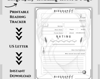 Biography Single Sheet Book Review Printable – Title Tracker Page | Reading Notes Template | Instant Download