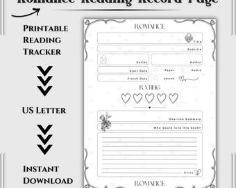 Romance Reading Record Page – Printable Book Journal | Reading Log | Book Review Tracker | Digital Download | Bookish Reading Planner