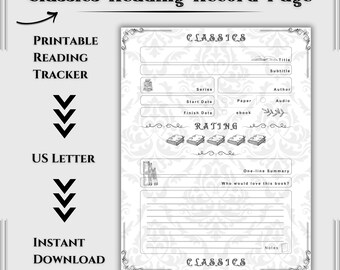 Classics One Page Reading Log Template – Printable Book Record Sheet | Review Organizer | Digital File