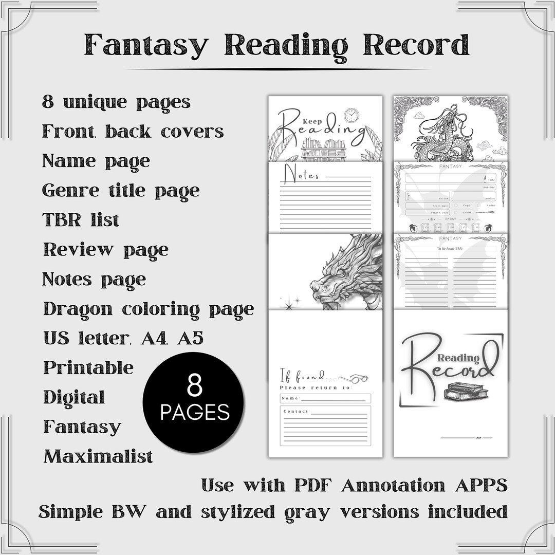 8 Page Fantasy Reading Record Bundle | Printable Book Journal | Digital ...