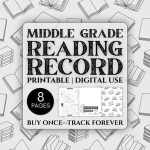 Könnte beinhalten: Ein weißes quadratisches Grafik mit dem Text "MIDDLE GRADE READING RECORD" in Schwarz. Die Grafik enthält die Wörter "PRINTABLE | DIGITAL USE", "8 PAGES" und "BUY ONCE-TRACK FOREVER". Der Hintergrund zeigt Strichzeichnungen von Büchern.