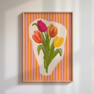 Bold Tulips Wall Art Print, Pink and orange striped, dopamine decor style, A5 A4 A3, Colourful Floral illustration, Vibrant botanical poster