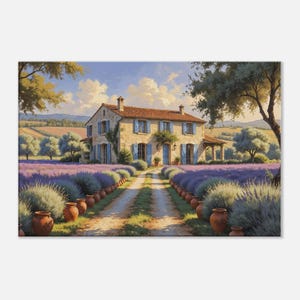 Provencal Lavender House Wall Art – French Countryside Farmhouse Print | Rustic Stone Home Decor | Summer Landscape Poster