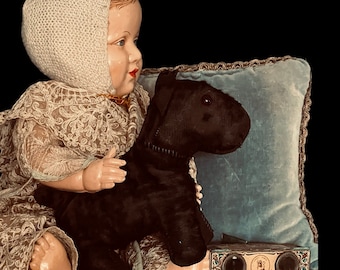Perro escocés antiguo original, terrier de peluche de paja, perro de juguete de alrededor de 1950