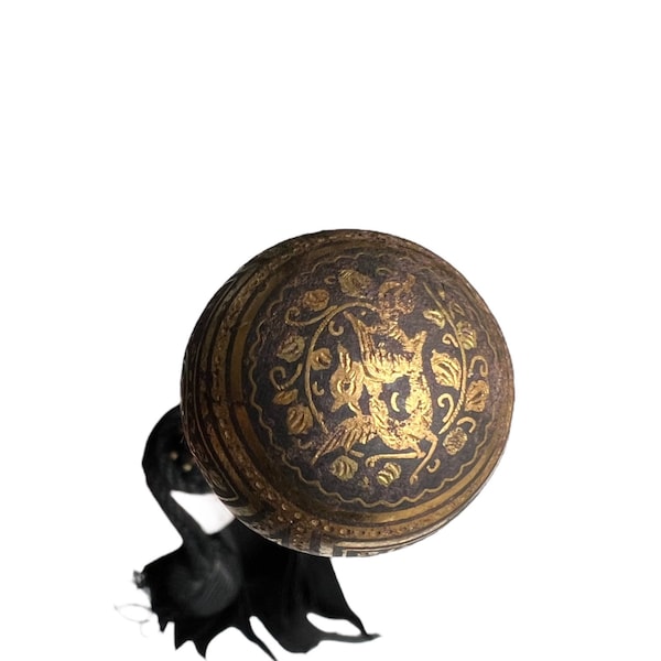 Antique black silk umbrella with koftgari (gold inlay) handle and walnut wood, ca 1900-1930, the Gilded Age period