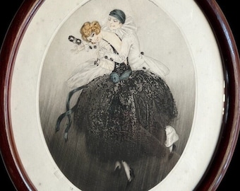 Art Deco etching, signed Ferville salon de Paris 1872, drawing printed by Leblanc /Trautmann, beauty on the wall, flapper girl pierrot