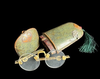 19th century Chinese Scholar/ Spectacles glasses with fold-out frame and rock crystal lenses in original shagreen holder, chagrin