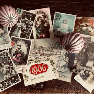 set di 12 biglietti di auguri di Capodanno del 1910 circa, autentiche cartoline francesi, edoardiane, felice anno nuovo.