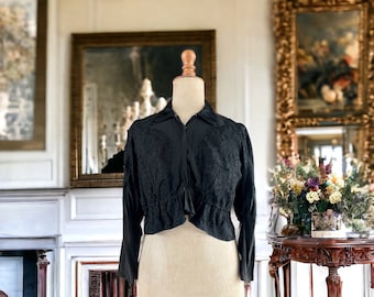 Edwardian black blouse with very beautiful lace work, puff sleeves and a satin collar, originally handmade circa 1900-1910.