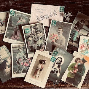 set di 12 biglietti di auguri di Capodanno del 1910 circa, autentiche cartoline francesi, edoardiane, felice anno nuovo.