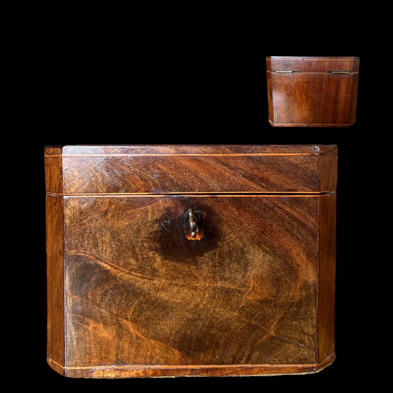 Wooden Tea Chest Victorian Dark Mahogany With Intarsia and Original Accessories, Antique From Ca