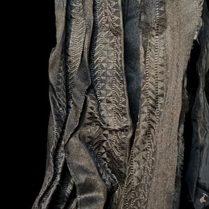 Puede incluir: Primer plano de una pila de tiras de tela gris oscuro con un patr&oacute;n geom&eacute;trico tejido en la tela.