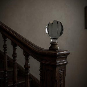 May include: A clear, spherical glass finial with vertical grooves sits atop a dark, ornate wooden newel post. The staircase features a dark wood banister and balusters, creating a classic, elegant aesthetic.