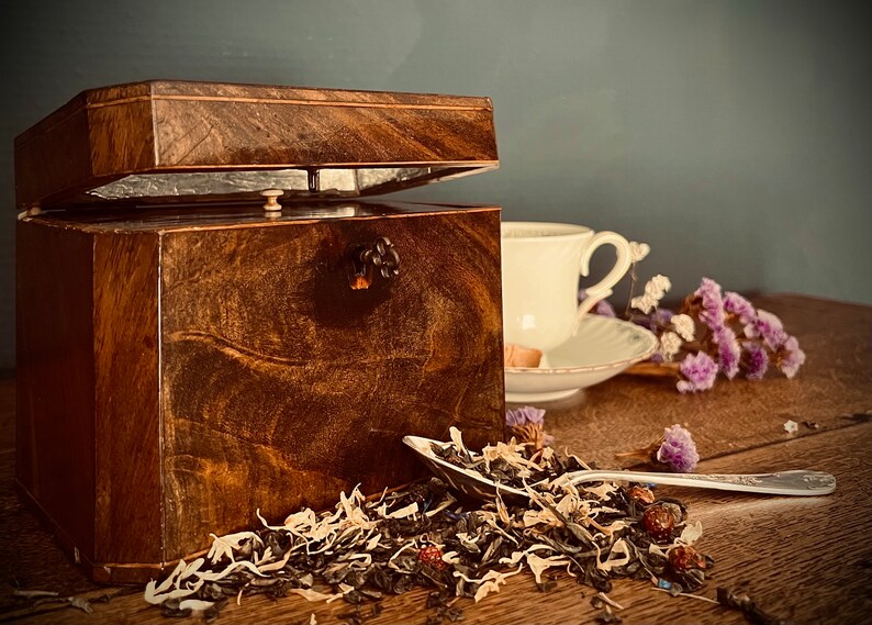 Wooden Tea Chest Victorian Dark Mahogany With Intarsia and Original Accessories, Antique From Ca