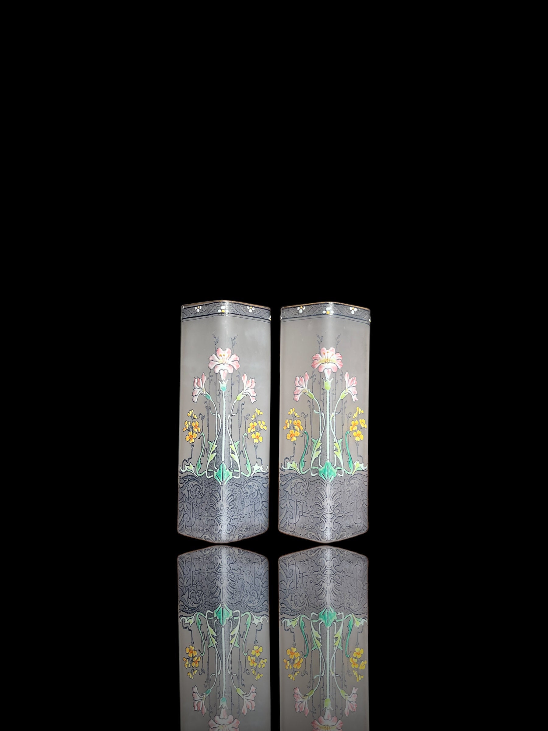 Theodore Legras, an antique pair of Art Nouveau vases with etched and enamel decoration of flowers ca 1900-1910