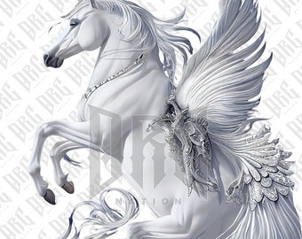 White Pegasus PNG | Winged Horse PNG | Pegasus Sublimation Design | Hand Drawn Pegasus | Horse with Wings PNG | Poster Shirts Sublimation