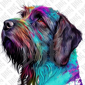 May include: An abstract painting of a dog's head in a variety of colours, with a blue, green and pink paint splatter background.