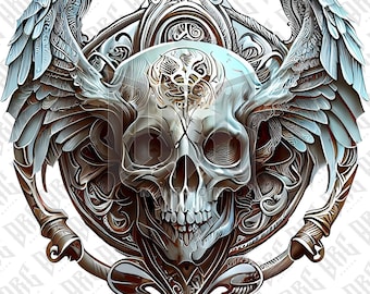 May include: A silver skull with wings, surrounded by an ornate, detailed design. The skull has a detailed, intricate design on its forehead.